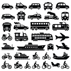 Collection of diverse transportation vehicles depicted as black silhouettes against a white background showcasing cars buses trains airplanes boats and bicycles silhouette