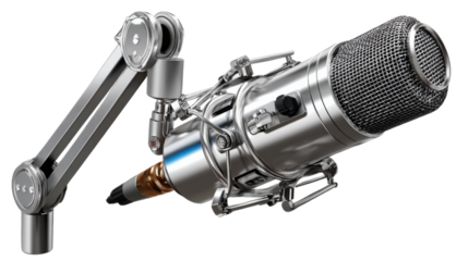 Studio Microphone: A sleek, modern studio microphone, meticulously crafted with metal components, poised for recording, ready to capture every nuanced detail.