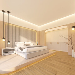Modern minimalist style bedroom decorated with bed and side table, Upholstered wall panels and wooden curved wall, Raised wooden floor. 3d rendering