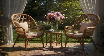 Wicker outdoor seating set with floral centerpiece in a garden setting. Two wicker chairs and a small table with a vase of flowers, positioned on a wooden deck.