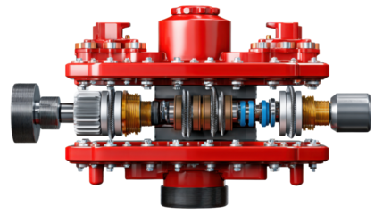 Industrial Precision: A meticulously crafted, vibrant red machine showcases internal gears, intricate mechanisms, and mechanical precision, set against a neutral backdrop.