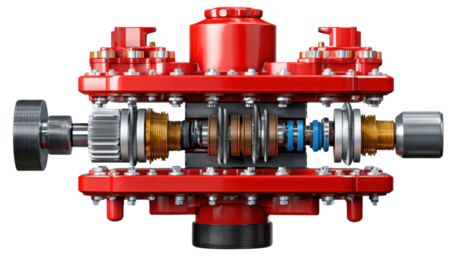 Industrial Precision: A meticulously crafted, vibrant red machine showcases internal gears, intricate mechanisms, and mechanical precision, set against a neutral backdrop.