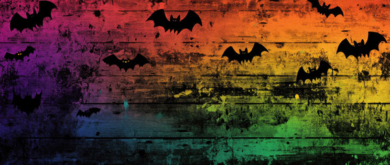 Colorful rainbow gradient background with black bats creating spooky atmosphere. vibrant colors blend seamlessly, enhancing festive mood for Halloween celebrations