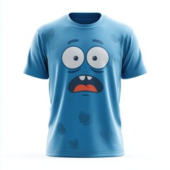 A realistic blue round neck t-shirt with a cartoon design front of t-shirt no label isolated on white background