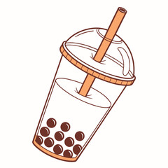 Stylized flat illustration of a classic bubble tea drink with brown tapioca pearls beverage
