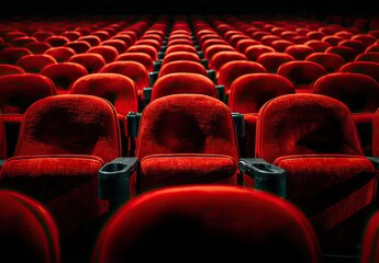 Rows of red velvet seats in a dark theater