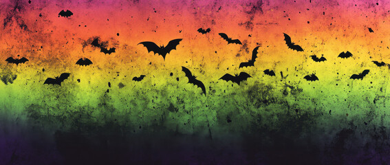 Colorful rainbow gradient background with black bats flying across vibrant sky, creating spooky yet festive atmosphere perfect for Halloween celebrations