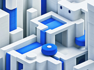Modern geometric design features blend of white and blue elements, creating visually striking composition. interplay of shapes and colors evokes sense of depth and structure, inviting exploration