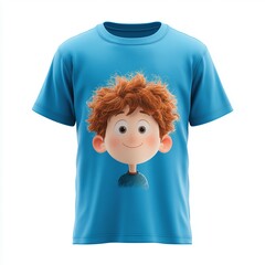 A realistic blue round neck t-shirt with a cartoon design front of t-shirt no label isolated on white background