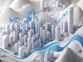 3D illustration of cityscape featuring white buildings and blue trading chart overlay, symbolizing financial growth and urban development. scene conveys sense of innovation and progress