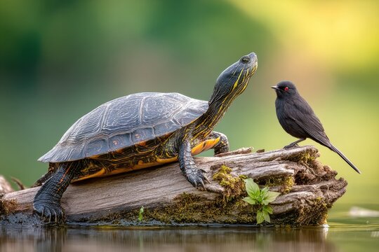 Turtle and bird on log
