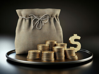 Bag filled with gold coins sits on tray, symbolizing wealth and prosperity. shiny coins are stacked neatly beside dollar sign, creating inviting and luxurious atmosphere