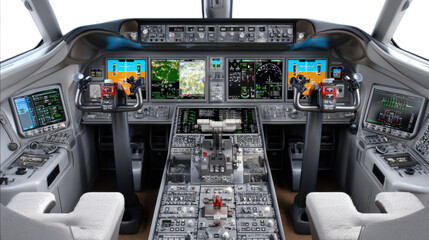 Inside the Cockpit: A meticulously detailed interior of an airplane cockpit, showcasing a complex array of instruments, controls, and navigation displays.