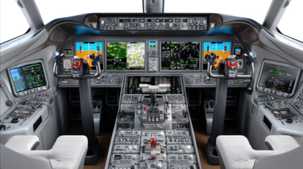 Inside the Cockpit: A meticulously detailed interior of an airplane cockpit, showcasing a complex array of instruments, controls, and navigation displays.
