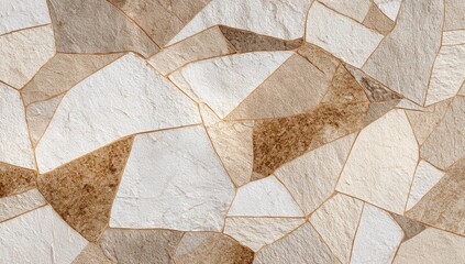 Abstract stone tile pattern in beige, tan, and white.  Geometric shapes create a textured surface.  Light highlights the irregular edges