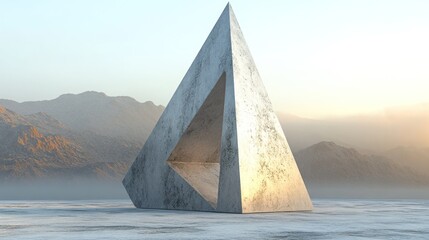 Abstract pyramid structure in a serene mountain landscape