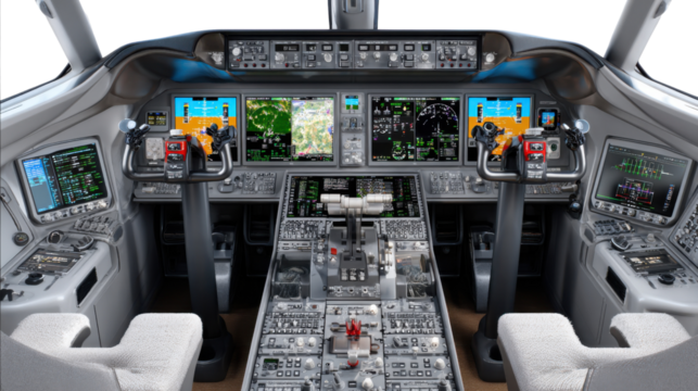 Inside the Cockpit: A meticulously detailed interior of an airplane cockpit, showcasing a complex array of instruments, controls, and navigation displays.