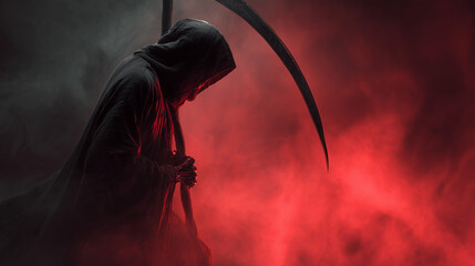 A hooded figure in a dark cloak holds a scythe, standing amidst red smoke. The scene reflects a grim and mysterious atmosphere, often associated with the Grim Reaper.