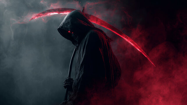 A mysterious hooded figure with glowing red eyes grips a scythe amid swirling smoke. The scene evokes themes of the Grim Reaper, death, and an ominous atmosphere.