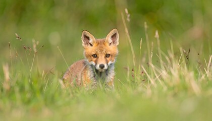 Curious Red Fox Kit Peering Through Lush Green Meadow Grass