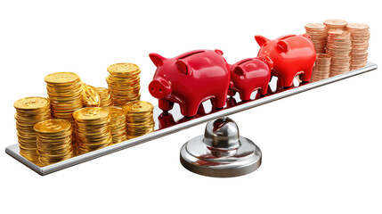 Financial Balance: A visual metaphor showcasing a seesaw equilibrium, balancing gold coins and piggy banks, symbolizes savings and financial planning with simplicity and striking visual impact.