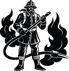 Firefighter silhouette with hose and flames isolated on transparent background
