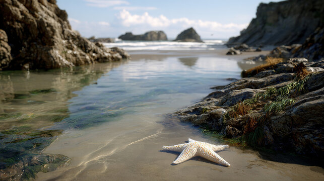White starfish rests on wet sand near shallow ocean water with rocky outcrops and distant sea stacks