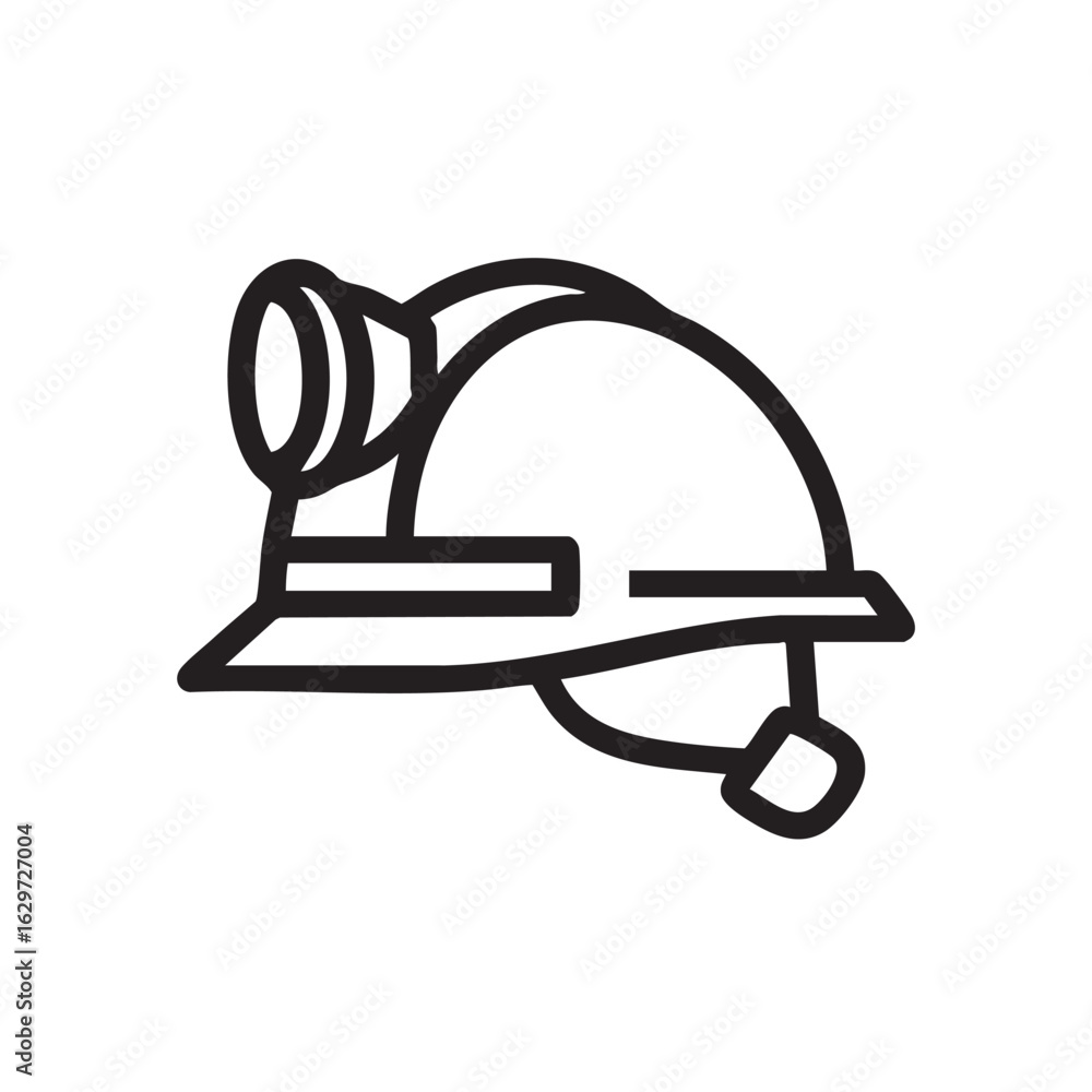 Poster a simple line drawing of a mining helmet with a light.