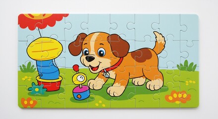 Adorable puppy plays near colorful toys in a vibrant jigsaw puzzle. AI Generated