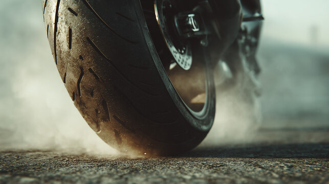 Extreme close-up of rear tire mid-drift of a heavy sports motorbike, kicking up dust and smoke with detailed asphalt texture, captured during high-speed action