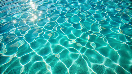 Close up overhead view of shimmering turquoise swimming pool water with bright sunlight reflecting on the surface creating mesmerizing patterns and ripples