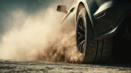 Extreme close-up of rear tire mid-drift on textured asphalt surface with dust and smoke