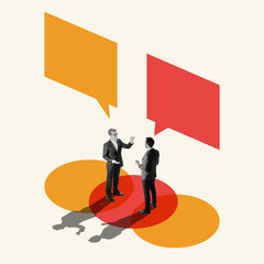 Digital artwork of two businessmen discussing under overlapping orange and red speech bubbles....