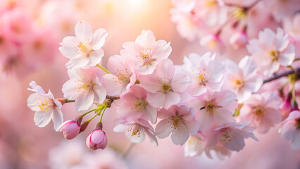 Close up of delicate pale pink cherry blossoms blooming on a branch with soft sunlight filtering through the petals creating a dreamy and romantic atmosphere