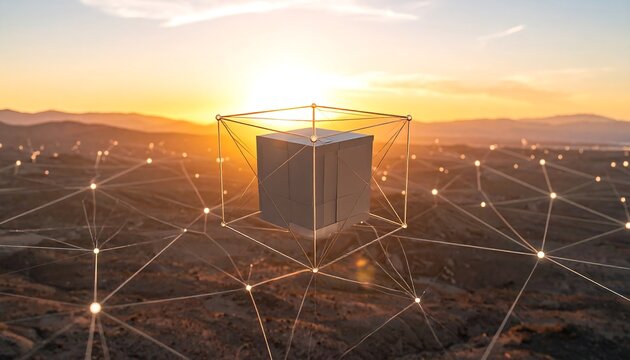 Cube in Wireframe Over Desert Network at Sunset