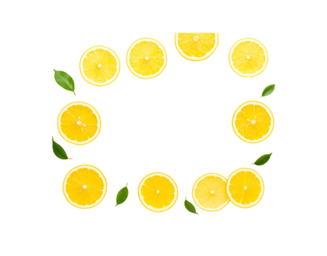 A rectangular border of fresh juicy sliced lemons and vibrant green leaves.