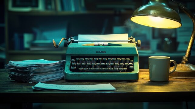 Vintage typewriter on a wooden desk, illuminated by a warm lamp, surrounded by papers and a cup of coffee