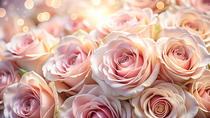 A beautiful and romantic close up view of a large bouquet of soft pink and cream roses with a dreamy bokeh background and gentle light