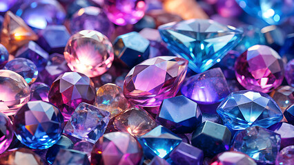 Fototapeta premium A vibrant and sparkling collection of faceted gemstones in various shades of blue purple and pink creating a luxurious and dazzling display of precious jewels