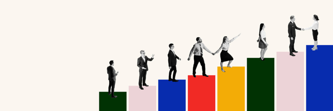 Contemporary collage of businesspeople climbing colorful blocks and shaking hands at top. Concept of business progress, corporate teamwork, leadership development, and inclusive partnership growth. - Powered by Adobe