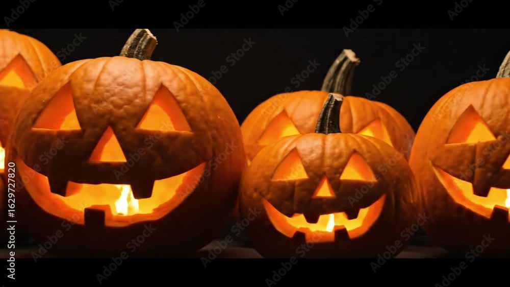 Poster several lit jackolanterns with triangular eyes and jagged mouths arranged in a row against a dark ba