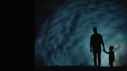 Fototapeta premium Silhouette of Father and Son Holding Hands Against a Cosmic Background, Symbolizing Family Bond, Love, and Connection
