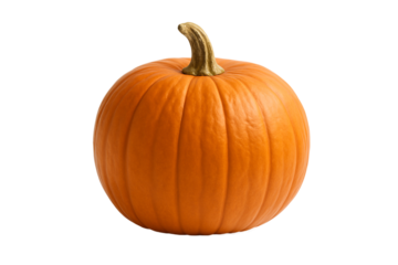 Fresh bright orange pumpkin with a golden stem isolated on transparent background, perfect for autumn, Halloween, and Thanksgiving designs or seasonal food promotions. Ideal for advertising, recipes