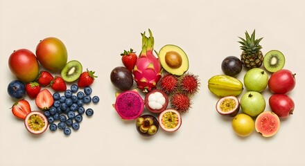 The image displays three triangular arrangements of various fruits against a beige background, showcasing a colorful and vibrant display AI Generated