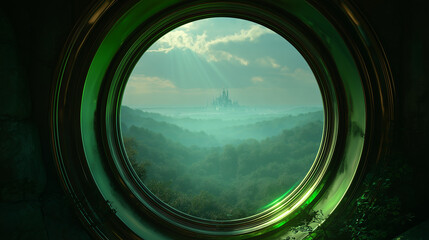 A fantasy landscape viewed through a round window reveals a distant Gothic castle under sunbeams, surrounded by misty forests. The foreground includes a stone wall.