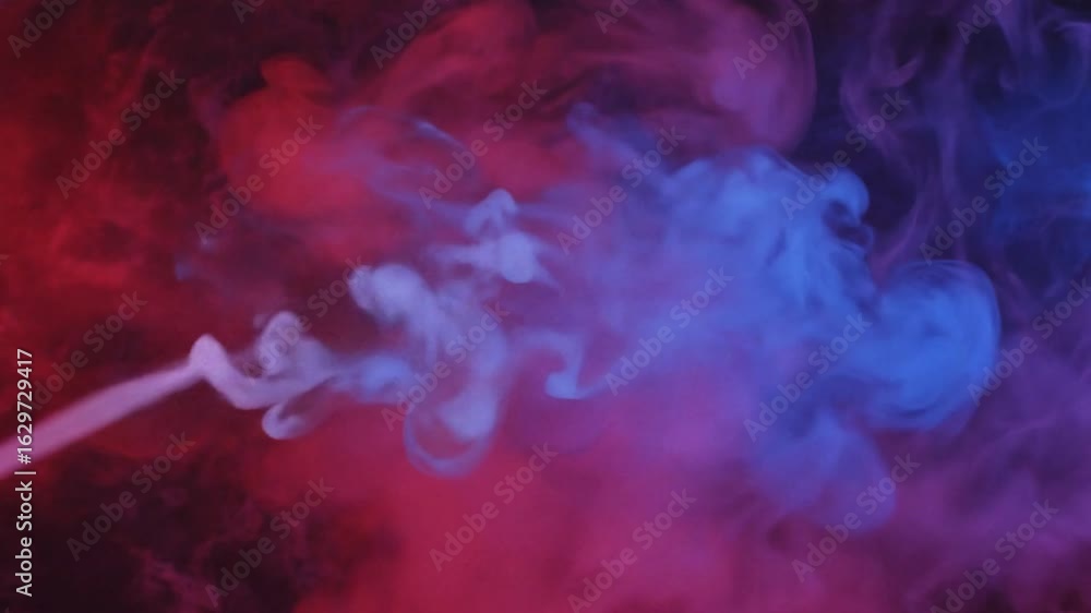 Poster smoke swirls with pink and blue hues against a dark backdrop creating a soft hazy effect
