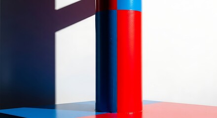 A colorful cylinder with red and blue colors and a shadow on the white background