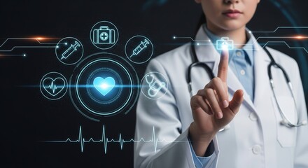 Female Doctor Using Virtual Medical Interface with Digital Heart and Healthcare Icons