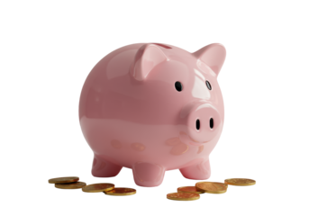 A classic pink ceramic piggy bank with glossy finish and coin slot, surrounded by metallic coins on a transparent surface with soft background, concept of financial security and growth