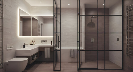 Modern bathroom with neutral tones featuring a glass shower enclosure with metal framing. Clean, minimalist design with a vanity, bathtub and toilet.